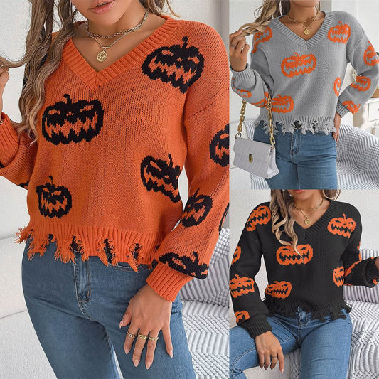 Halloween Contrast Color Pumpkin Cut Long Sleeve Sweater - Velora