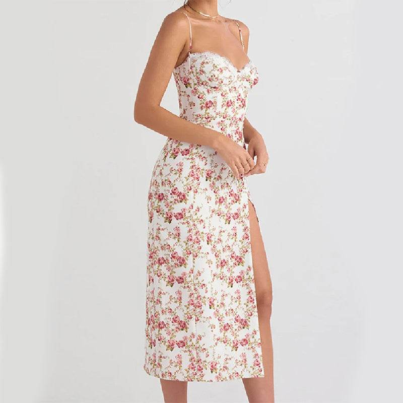 Lace Flowers Print Long Dress Sexy Fashion Slit Suspender Dress Summer Womens Clothing - Velora