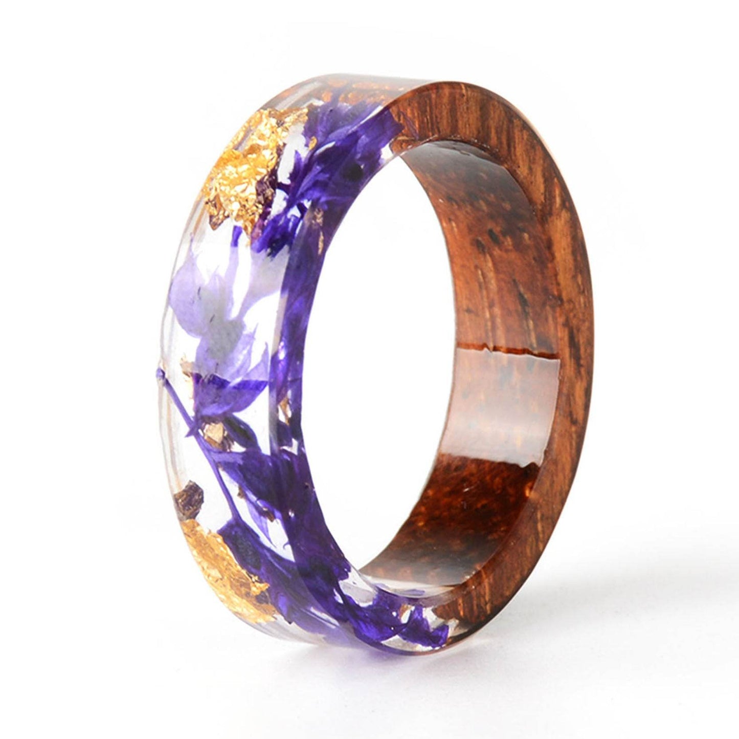 Handmade DIY romantic dry flower Real wood resin ring gold / silver paper inside ring women wedding party ring gifts for the lover - Velora