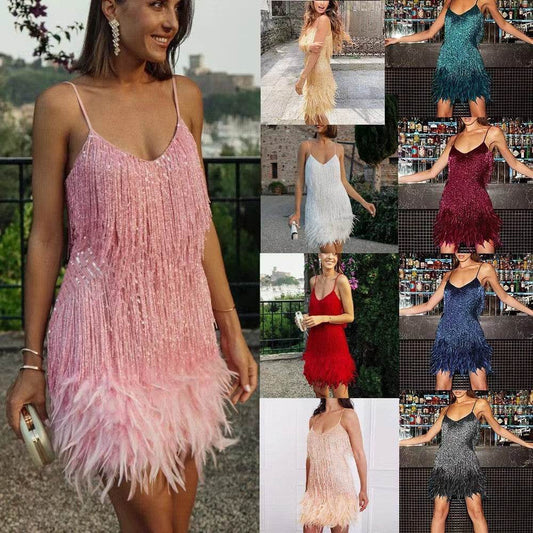 Sexy Tassel Sequins Feather Summer Mini Dress Women V Neck Spaghetti Strap Stitching Dresses Female Elegant Evening Party Club Dress - Velora