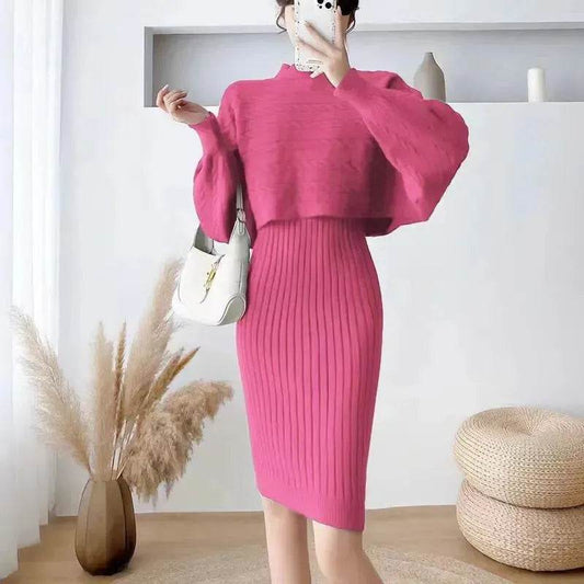 Autumn Winter Sassy Woolen Knitted Two Piece Midi Sweater Dress Outfit set - Velora