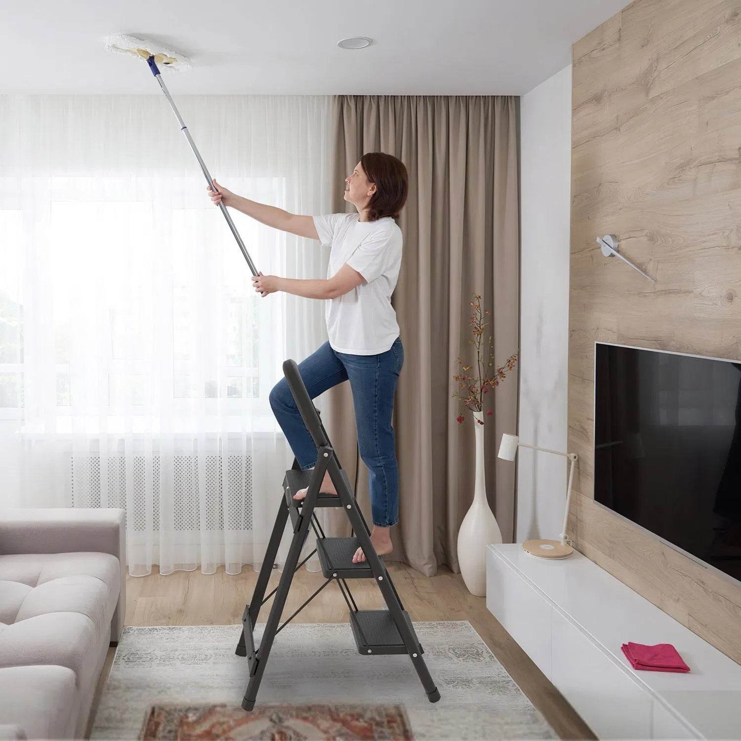 3-Step Folding Ladder, 330lbs Load Capacity, Lightweight 6.94lbs With 1.57in Folding Width, Heavy Duty Steel Construction, Non-Slip Pedals & Feet, Safety Lock, Multi-Use For Home Kitchen Living Room - Velora