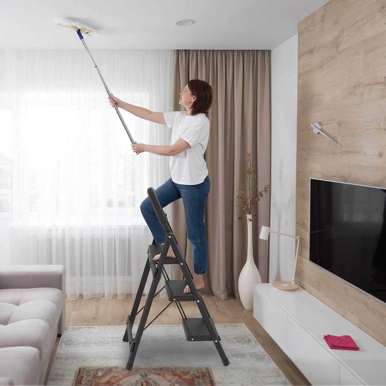 3-Step Folding Ladder, 330lbs Load Capacity, Lightweight 6.94lbs With 1.57in Folding Width, Heavy Duty Steel Construction, Non-Slip Pedals & Feet, Safety Lock, Multi-Use For Home Kitchen Living Room - Velora