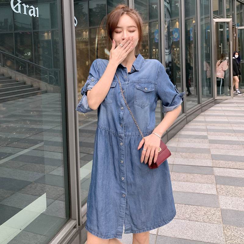 Casual Short sleeve Loose denim dress - Velora
