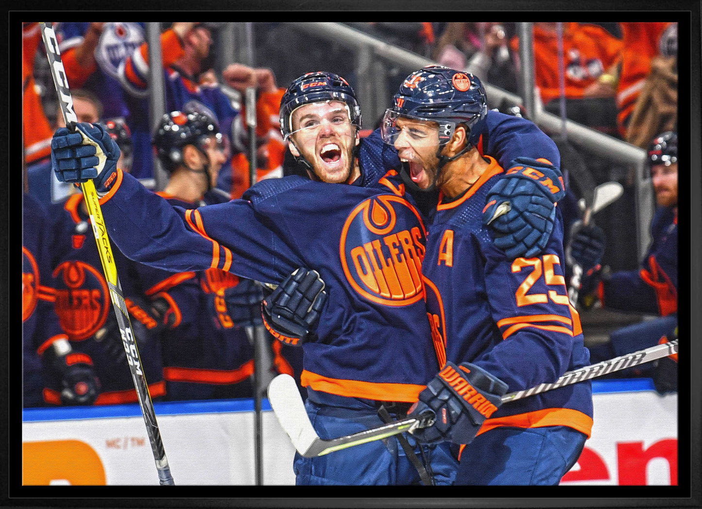 Connor McDavid and Darnell Nurse 20x29 Framed Canvas Oilers Celebration-H Frameworth Sports Marketing
