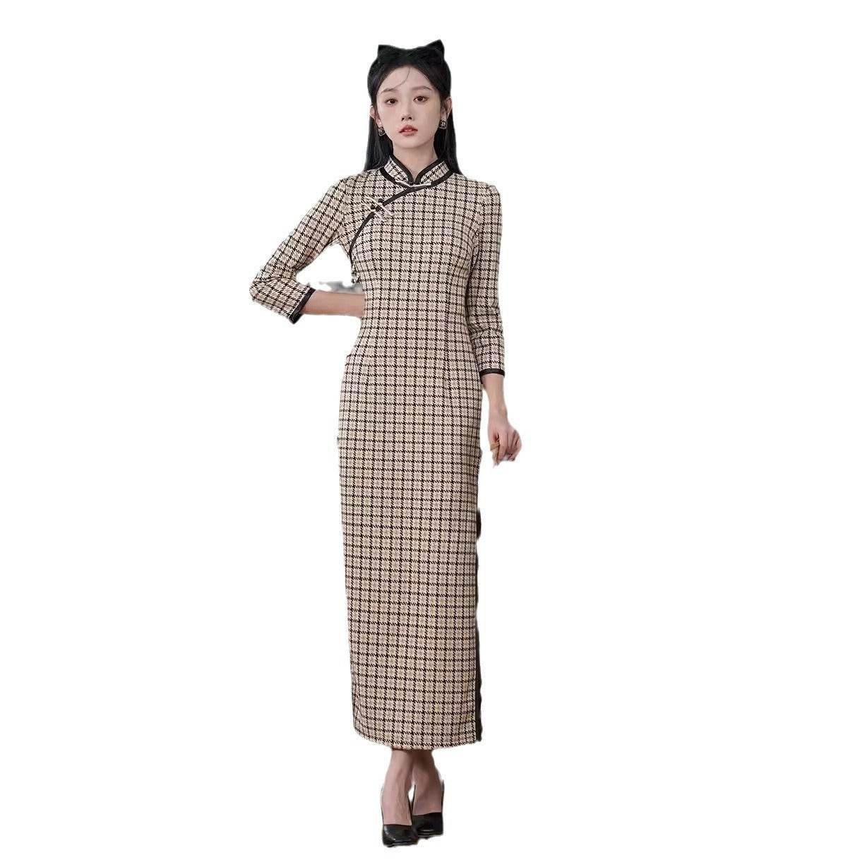 Cheongsam New Rabbit Woolen Improved Plaid Retro Cheongsam - Velora