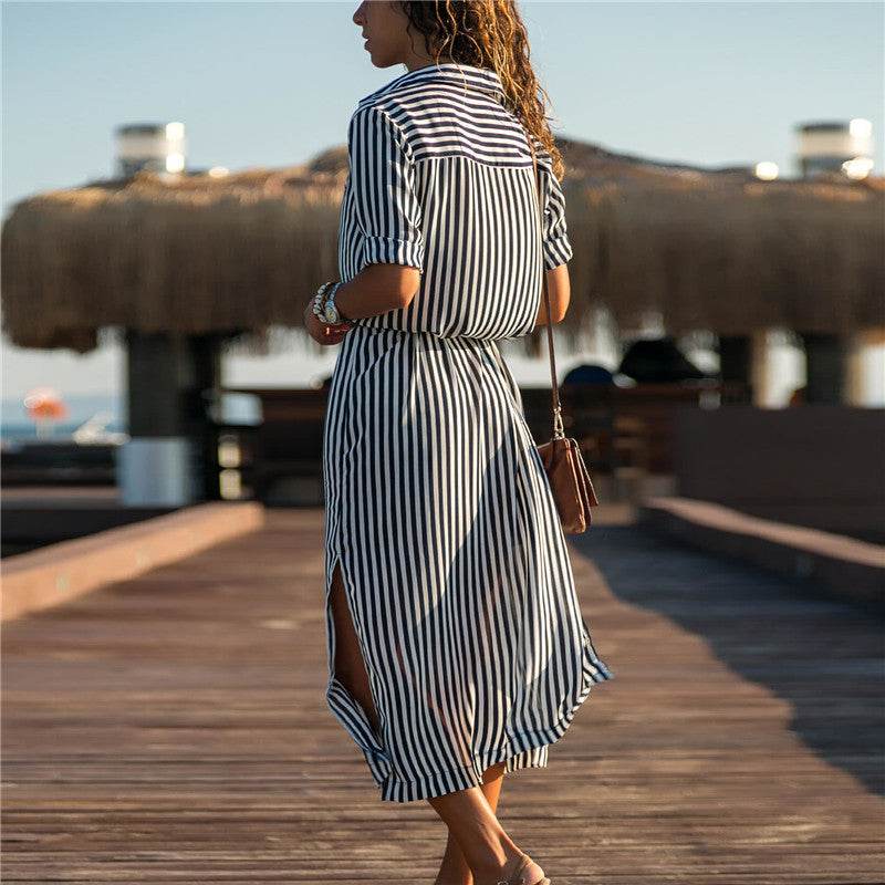 Stripe Shirt Women's Dress Spring Summer Chiffon V-neck Sexy Maxi Dresses Sexy Elegant Casual Girl Lace Women Long Sleeve - Velora