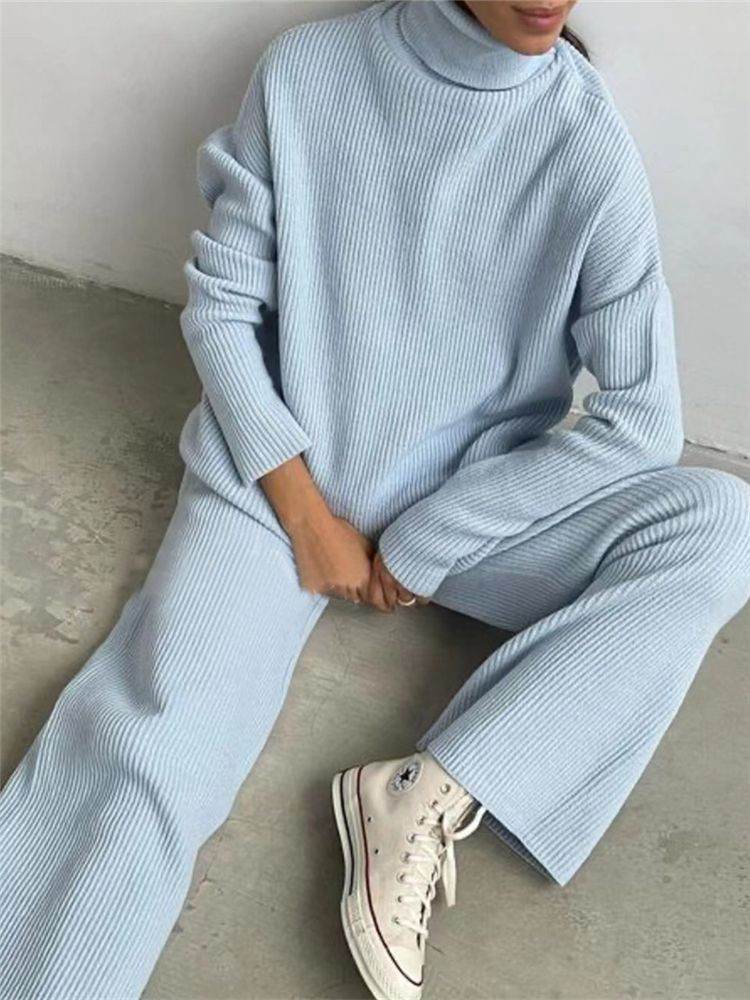2 Pieces Women Sets Knitted Tracksuit Turtleneck Sweater - Velora