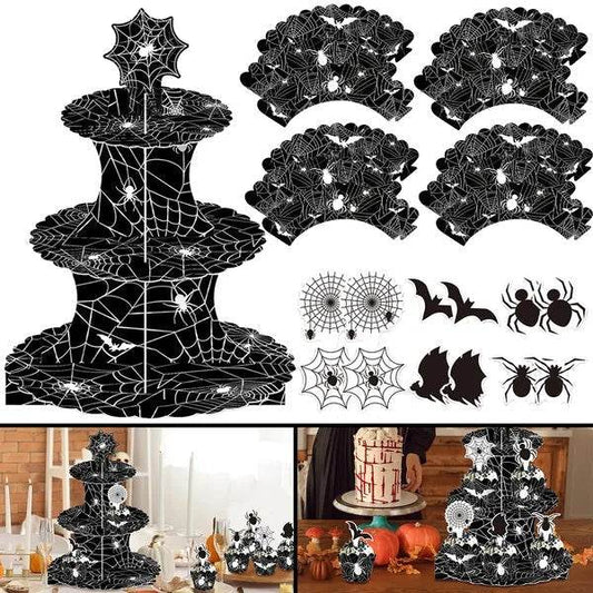 3 Tier Halloween Cupcake Stand Black Spider Web Cardboard Cupcake Stand Spider Bat Cupcake Toppers Halloween Cupcake Holder Tower For Halloween Birthday Party Supplies - Velora