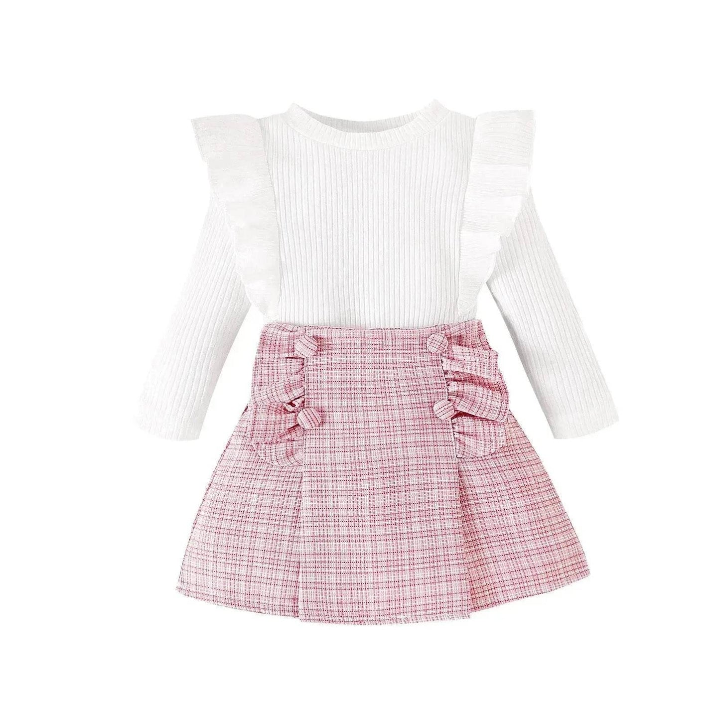Newborn baby girl Cross-border Sunken Stripe Long Sleeve Classic Style Plaid Short Skirt Two-piece Set for baby girl - Velora