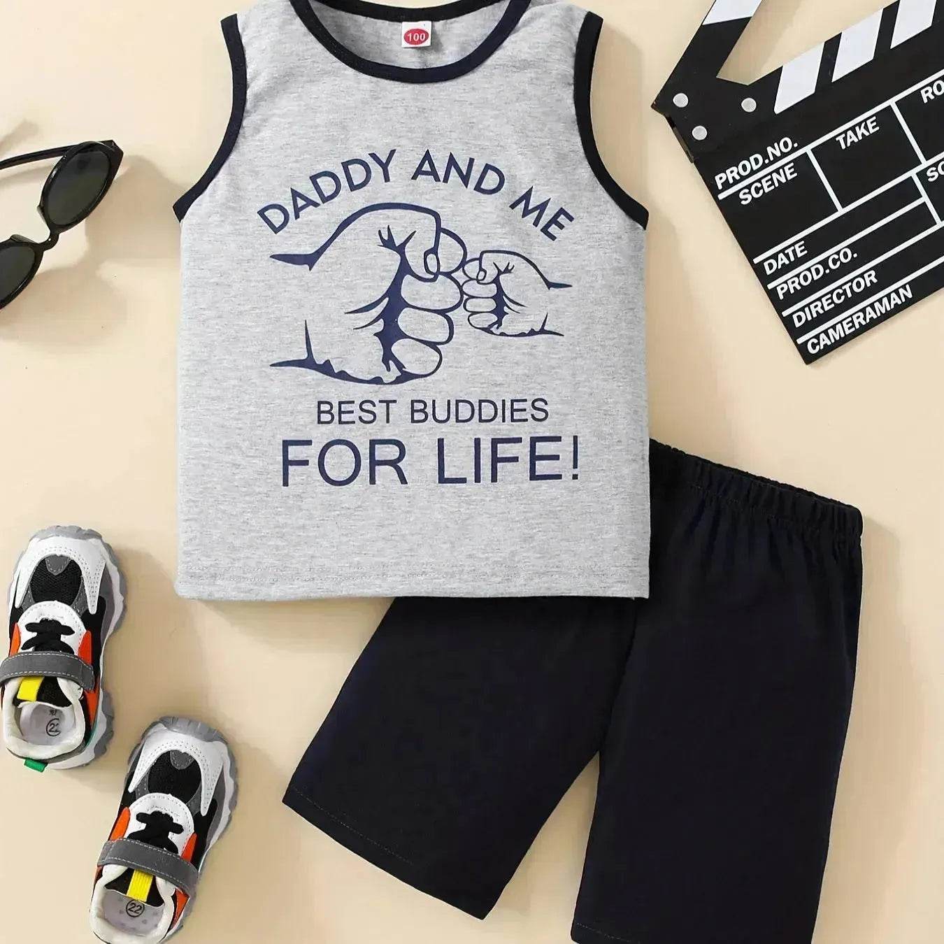 Summer Trendy Boys Letter Fist Print Sleeveless Casual Pants Suit Sleeveless two piece for boys Daddy and me outfit - Velora