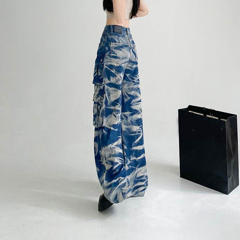 New Tie-dye Baggy CargoTrousers With Pockets Y2K Fashion High Waist Loose Wide Leg Pants Spring And Autumn - Velora