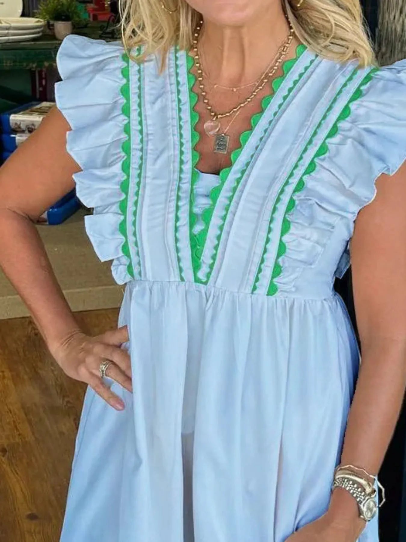 Full Size Contrast Trim Ruffled Cap Sleeve Dress Plus Size - Velora