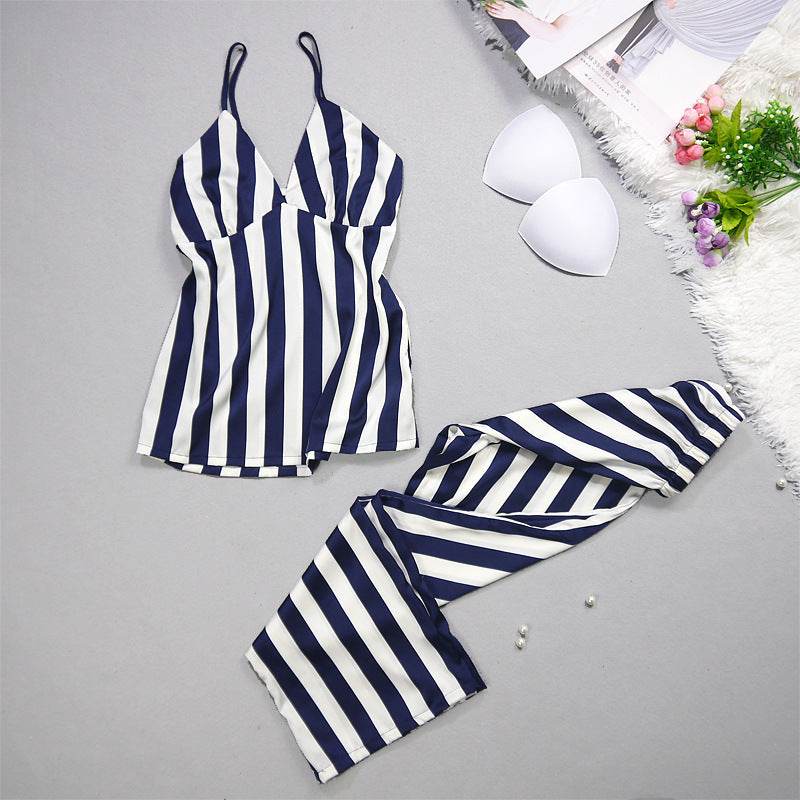 Ladies' Pajamas Summer Leisure Sexy Ice Silk Stripes, Suspenders, Trousers, Nightgowns, Three Sets Of New Silk Pajamas. - Velora