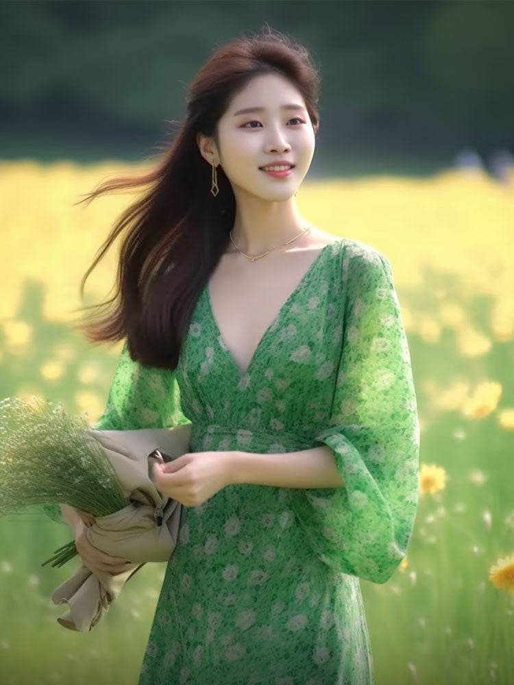 Holiday Green Floral Ladies Dress Sophisticated - Velora