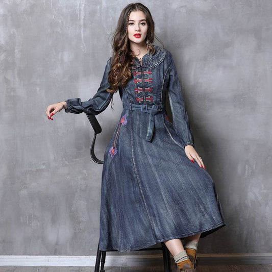 Elegant Classy Long Sleeve Denim dress with belt Flared Embroidered Jeans Dress - Velora