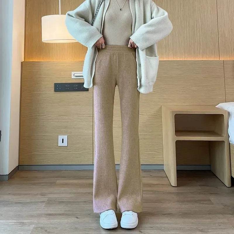 All-matching Straight Casual Fleece And Thick Slightly Flared Wide-leg trouser Pants For Women - Velora