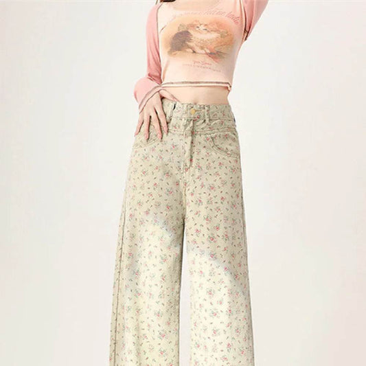 Mint Mambo Green Floral Baggy Jeans Pant For Women - Velora