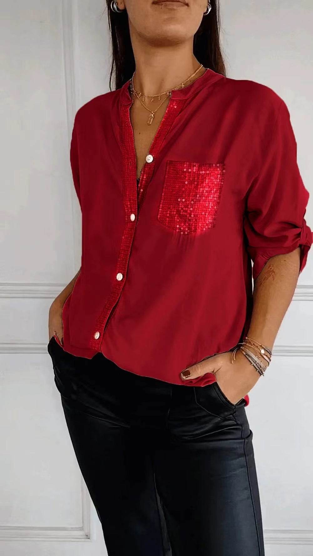 Casual Button-down Long Sleeve Shirt With Sequin Pocket Design Fashion Commuter Top Women Clothing - Velora