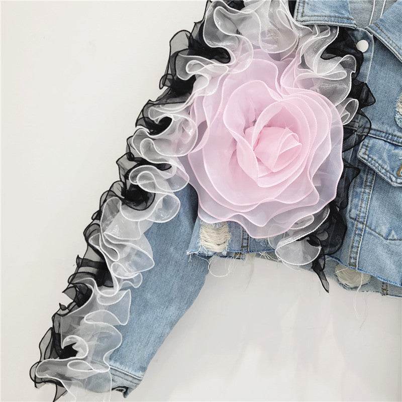 Elegant women fashion embroidered cropped Ripped blue Denim Jacket - Velora