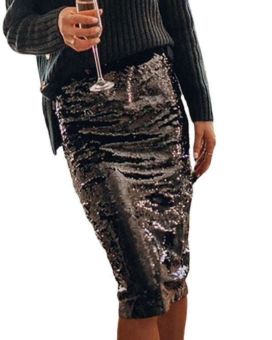 Sequined Glittering Hip A Line Pencil Midi Skirt - Velora
