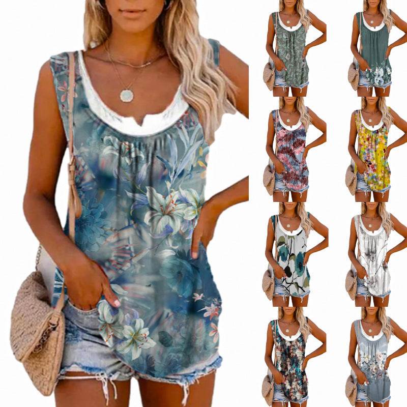 Casual Spring And Summer Tops Printed Sleeveless Pleating Vest T-shirt For Women - Velora