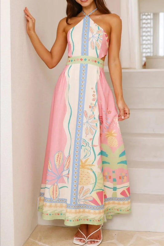 Printed Halter Neck Maxi Dress - Velora