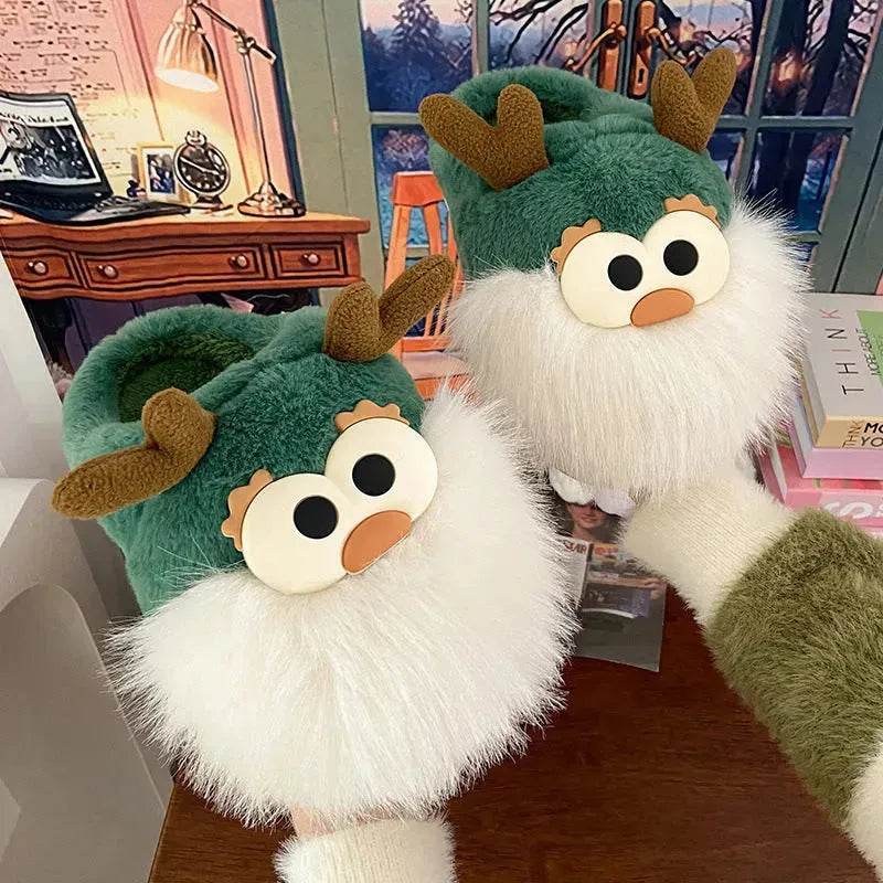 Cute Cartoon Christmas Deer Cotton Shoes Winter Indoor Floor Home Slippers Half-covered Heel Warm Plush Shoes Women - Velora