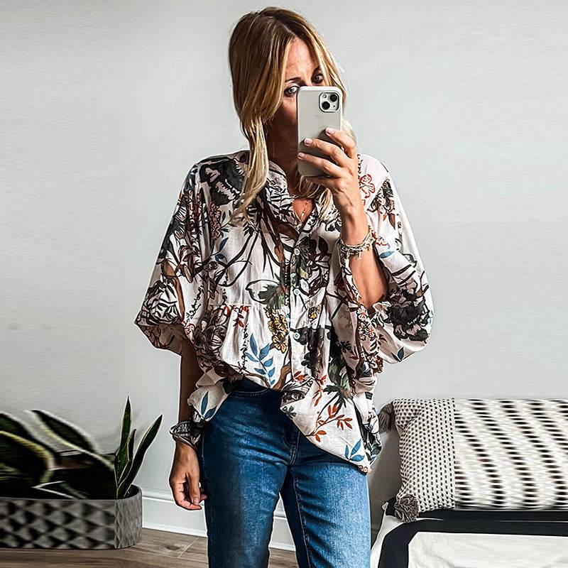 Spring Summer All-match Floral Print loose Linen blouse Shirt For Women