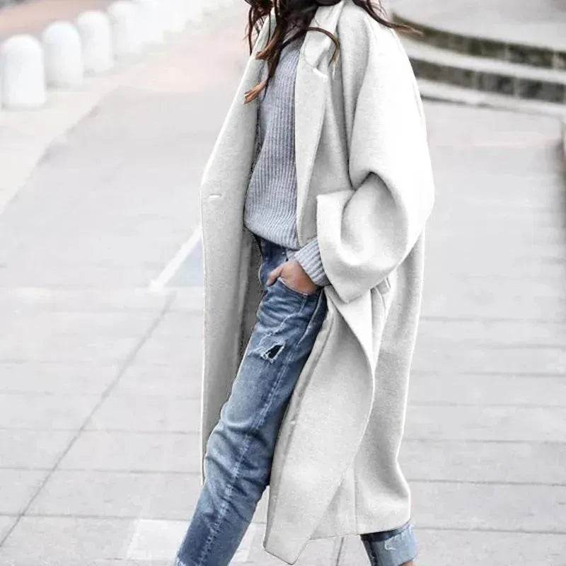 Lapel Single Breasted Women Winter Solid Woolen Trench Coat Long Jacket - Velora