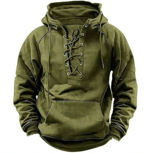 Men's Outdoor Retro Lace-up Hooded Long-sleeved T-shirt Casual Pullover top sweatshirt - Velora