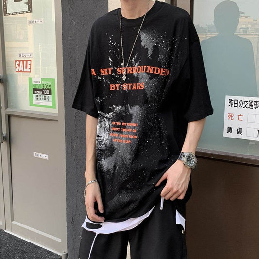 Starry Sky Letter Printed Short-sleeved T-shirt Men - Velora