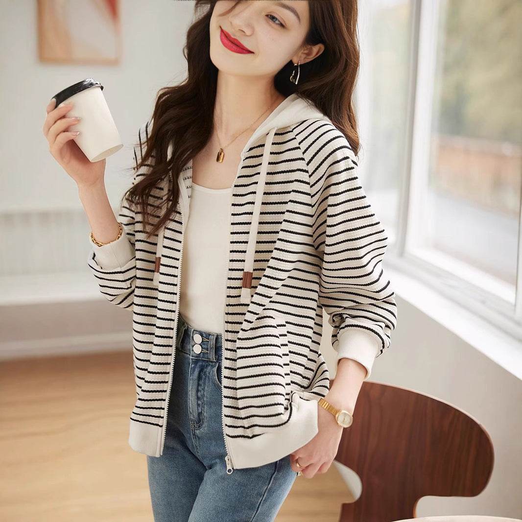 Simple Striped Commuter Hoodie Coat - Velora