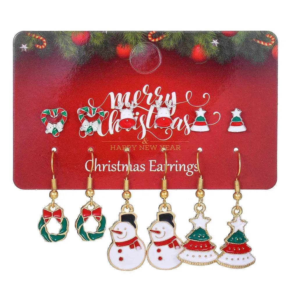 Christmas Stud Combination Suit Snowflake Elk Earrings - Velora