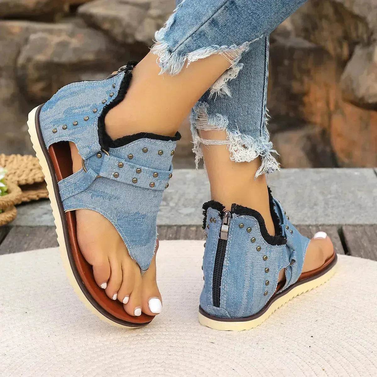 Denim Thong Sandals With Rear Zipper Summer Retro Beach Flat Sandals - Velora