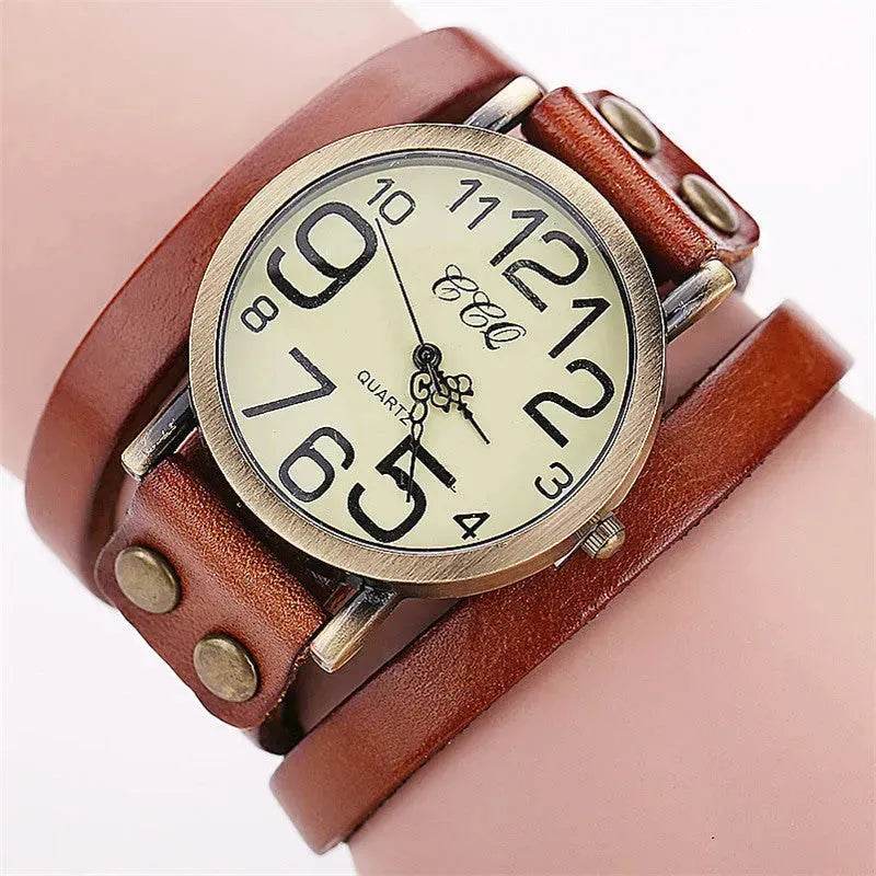 First Layer Cowhide Retro Watch Retro Three-circle Watch Men's And Women's Casual Watch - Velora
