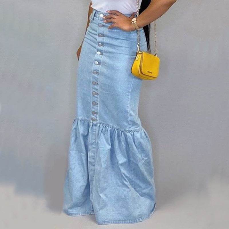 Women's Slim-fit Peplum Patchwork Long Denim Skirt fish tail style Jeans Skirt - Velora