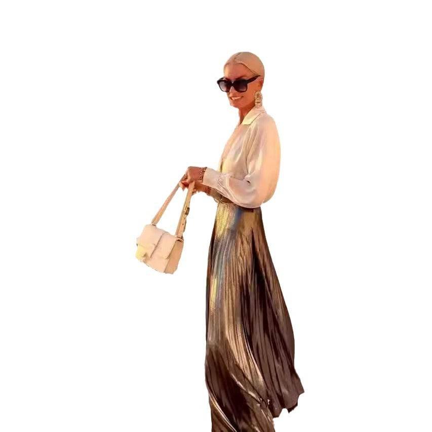 Satin Long Sleeve Shirt & Glossy pleated maxi Skirt 2pcs - Velora