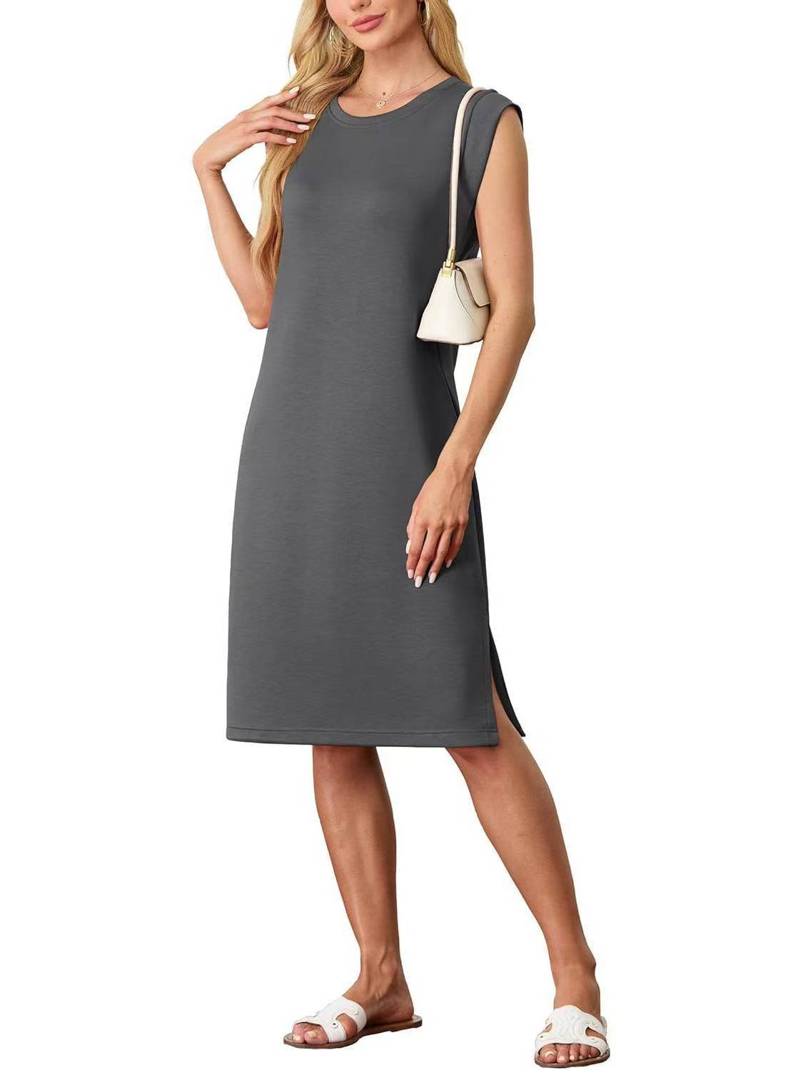 Women's Fashion Round Neck Sleeveless Split Pocket Dress - Velora
