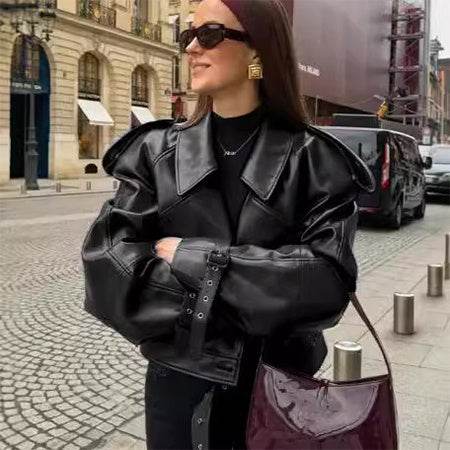 Loose Lapel Leather Jacket Fashion Cropped Tops Streetwear For Womens Clothing - Velora