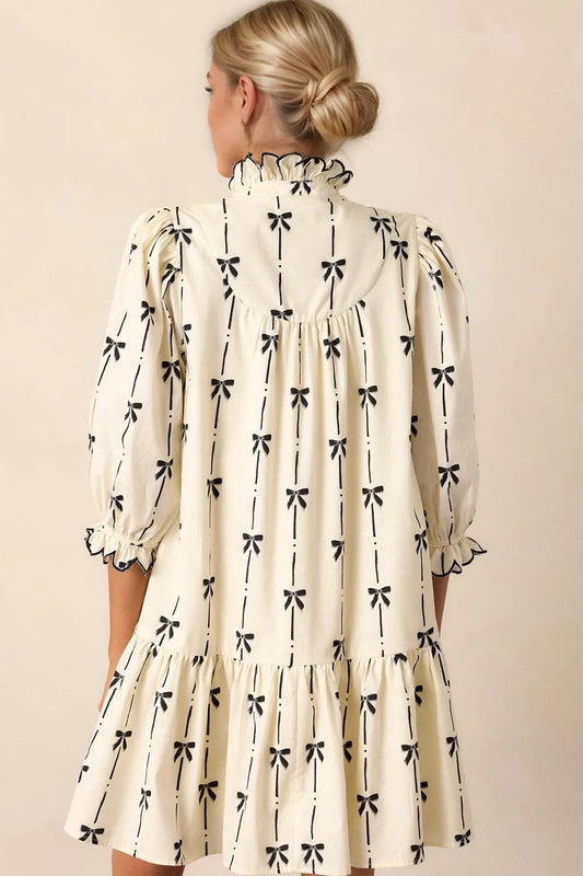 Oh Full Size Frill Bow Print Half Sleeve Mini Dress - Velora