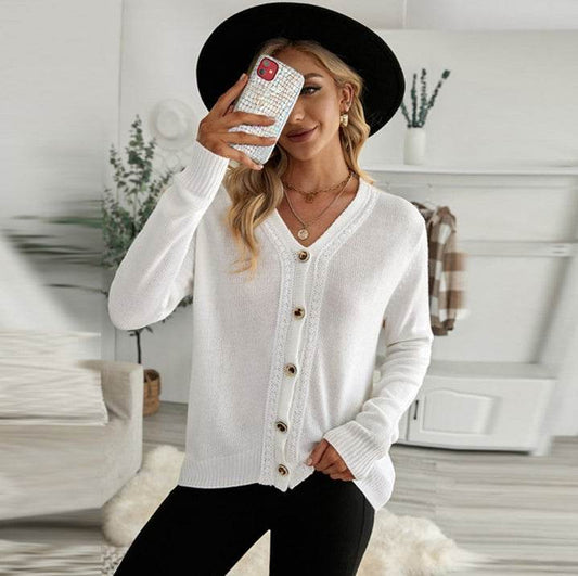 Pure Color Casual Single-breasted V-neck Pullover Sweater - Velora
