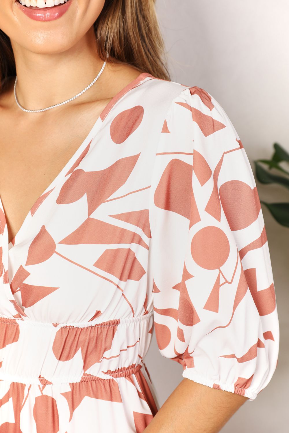 Printed Surplice Balloon Sleeve Dress - Velora