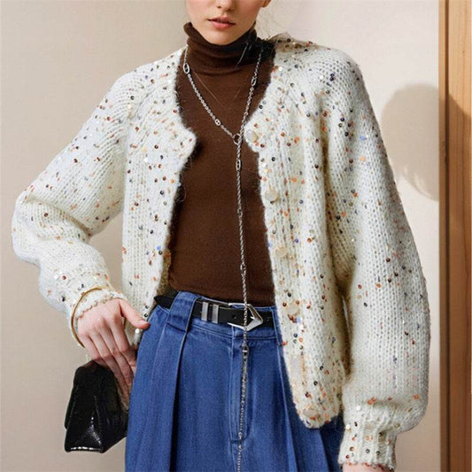 Retro Gray Sequins Sweater Cardigan Coat - Velora