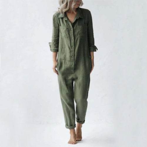 Casual Long Sleeve Jumpsuit With Pockets Fashion Loose Lapel Button Romper Pants Womens Clothing - Velora