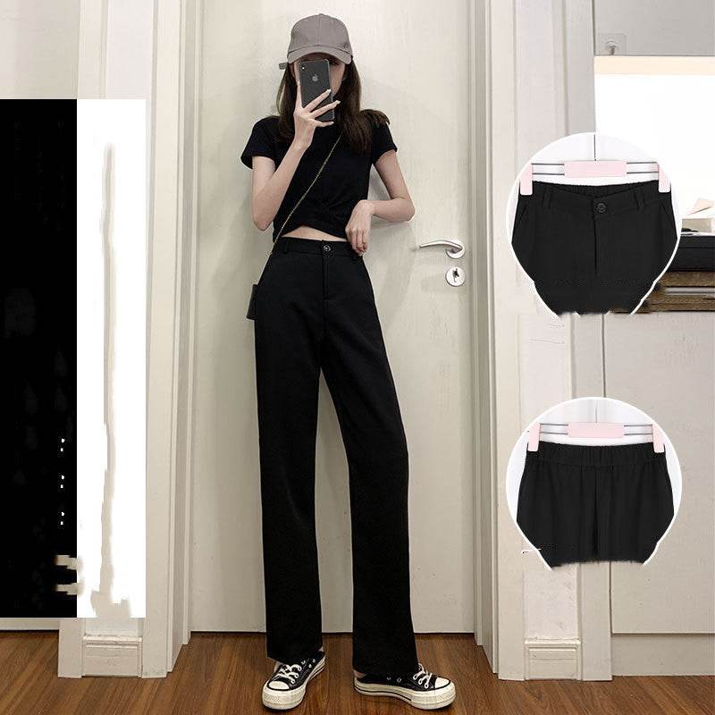 Summer Thin Mopping High Waist Drape Black Wide-leg Trousers - Velora