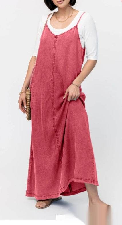 New Suspender Leisure Denim mum loose long Dress - Velora