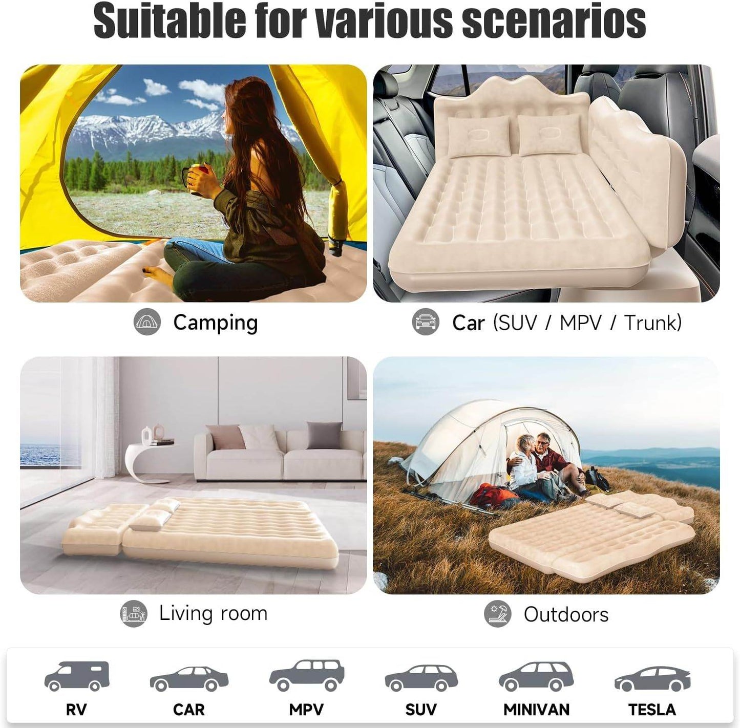 Inflatable Car Truck Outdoor Camping Air Mattress with 2 pillows - Velora
