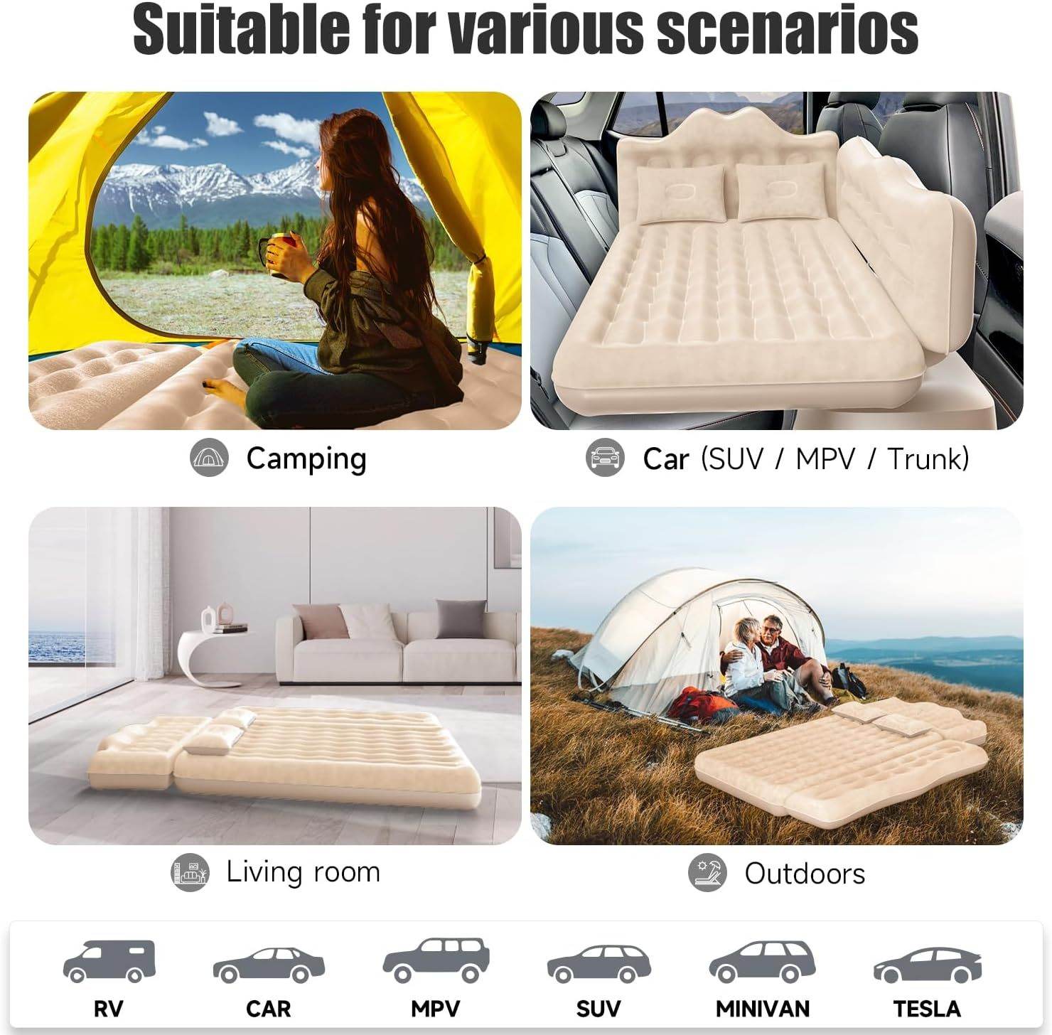 Inflatable Car Truck Outdoor Camping Air Mattress with 2 pillows - Velora