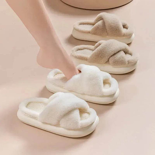 Women's Platform Fuzzy Home Slippers Winter Open Toe Criss-cross Solid Color Casual Floor Slides Indoor Flat Comfy House Shoes - Velora
